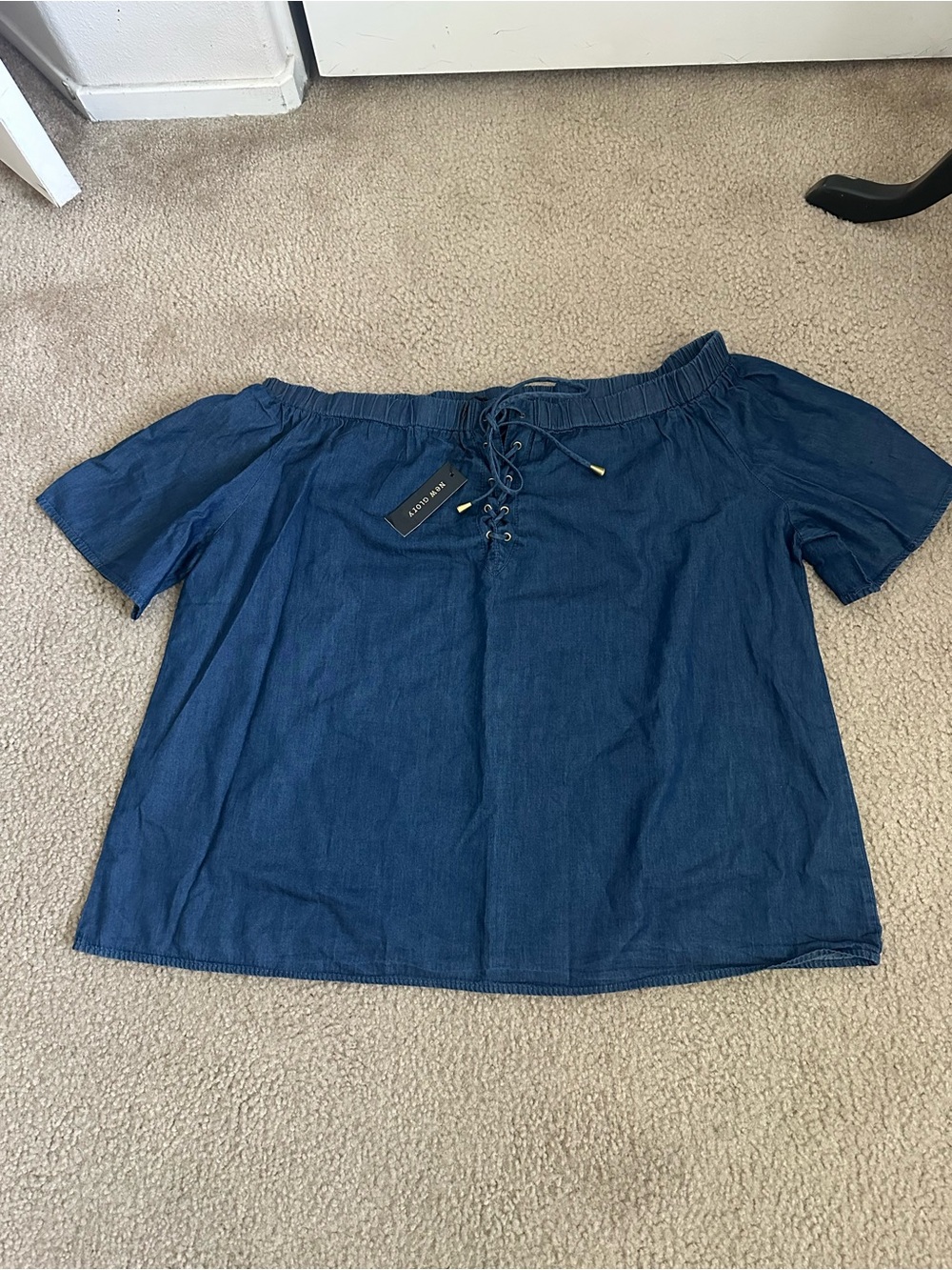 Off-the-Shoulder Lace-Up Denim Blouse - Blue